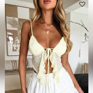 Samiha Lace Ruffle Tie-Front Crop Top in Pale Yellow